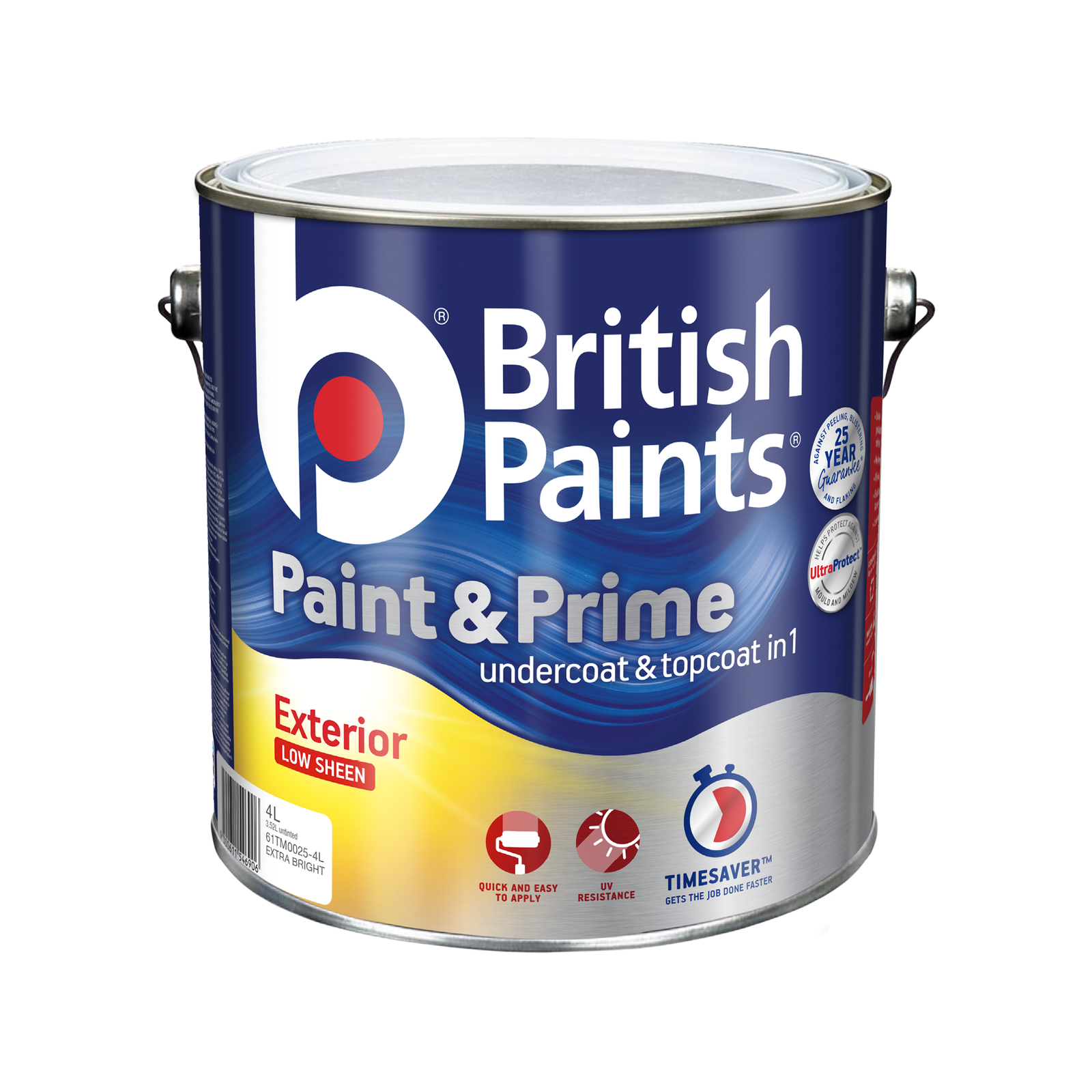 British Paints Paint & Prime Exterior Low Sheen 4L Extra Bright Base, UV Resistant Waterproof