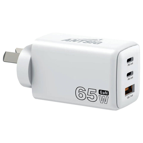Antsig 65W Multi Port Wall Charger - USB-C 65W + Dual USB-A, GaN Fast Charge APWC65WA2C