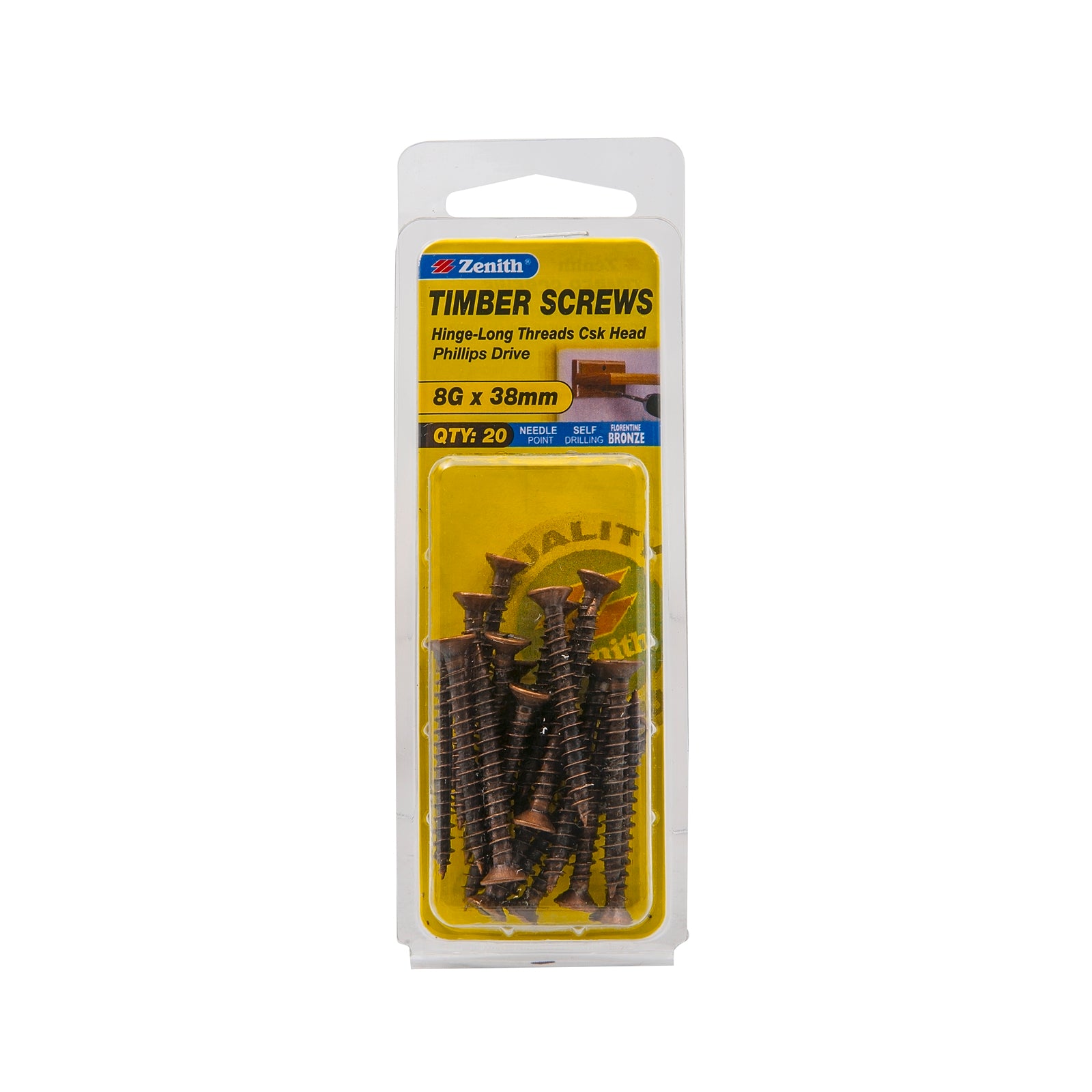 Zenith 8G x 40mm Florentine Bronze Countersunk Hinge Screws - Long Thread Timber Screws, 20 Pack