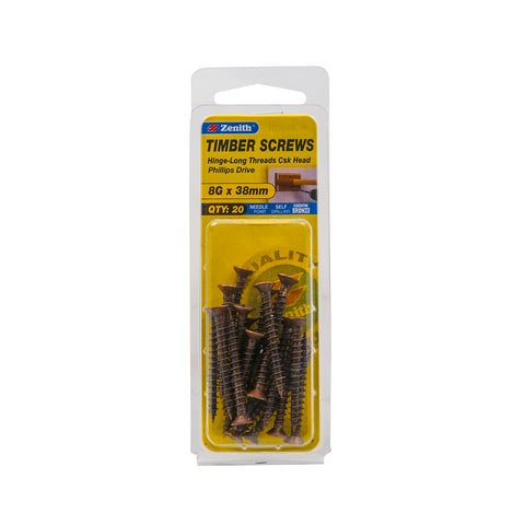 Zenith 8G x 40mm Florentine Bronze Countersunk Hinge Screws - Long Thread Timber Screws, 20 Pack