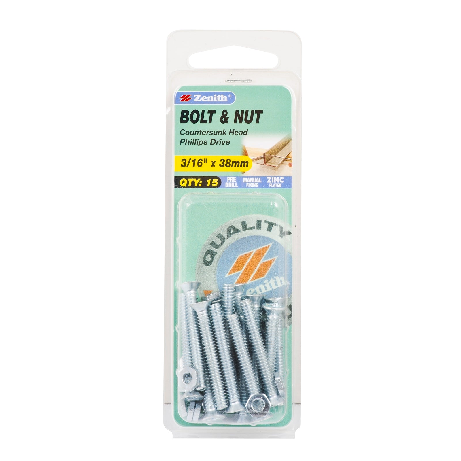 Zenith 3/16" x 38mm Zinc Plated Countersunk Bolt and Nut - Steel, 15 Pack