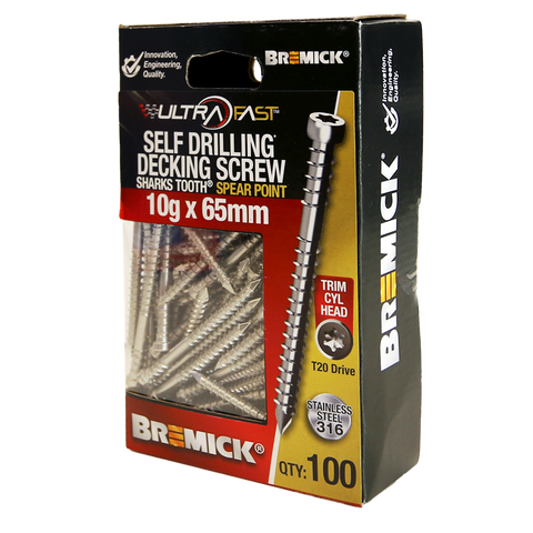 Bremick UltraFast 10g x 65mm Stainless Steel 316 T20 Trim Head Screws 100 Pack