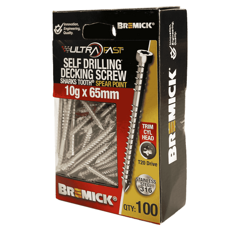 Bremick UltraFast 10g x 65mm Stainless Steel 316 T20 Trim Head Screws 100 Pack