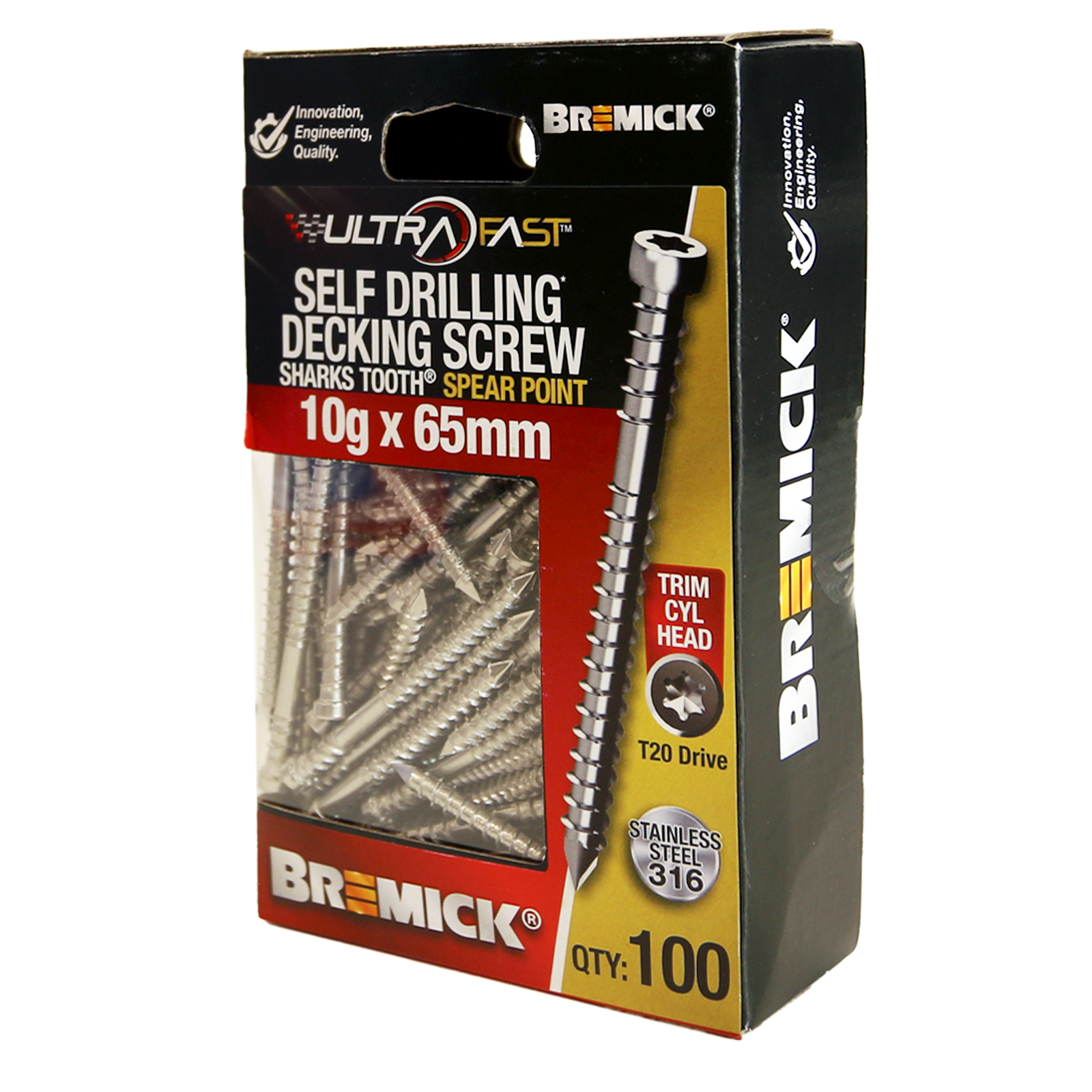 Bremick UltraFast 10g x 65mm Stainless Steel 316 T20 Trim Head Screws 100 Pack