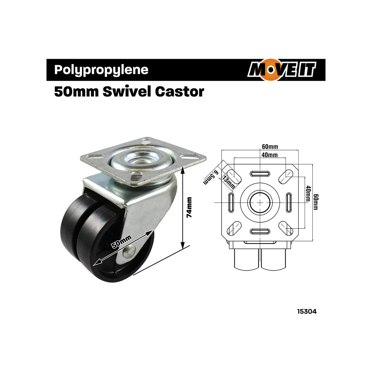Move It Twin Wheel Castor - 50mm - Black Nylon - 70kg Load Rating - SuperSaverAU - view 4