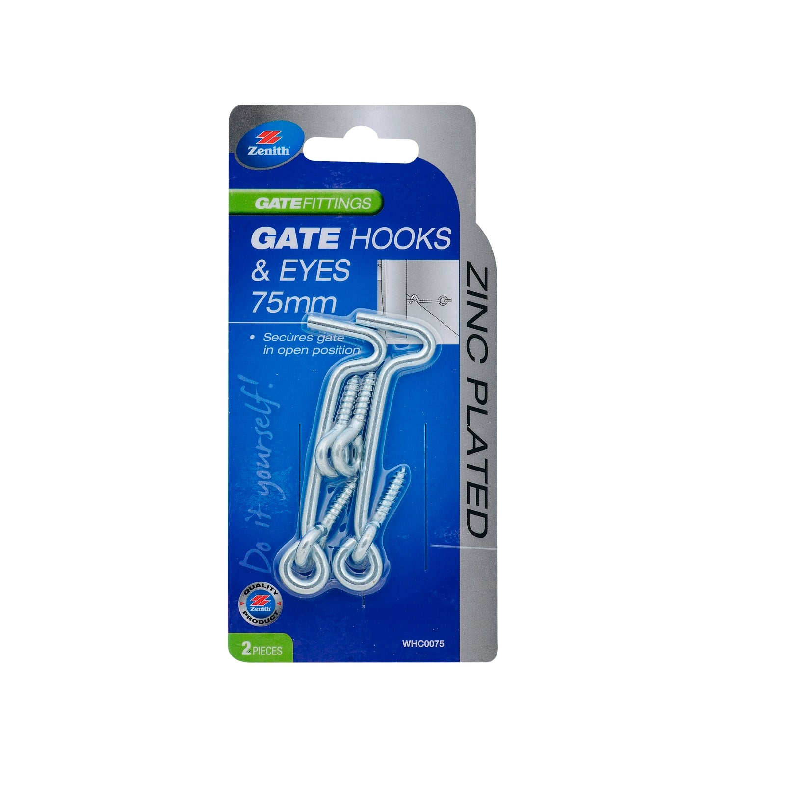 Zenith 75mm Zinc Plated Steel Gate Hooks and Eyes - 2 Pack