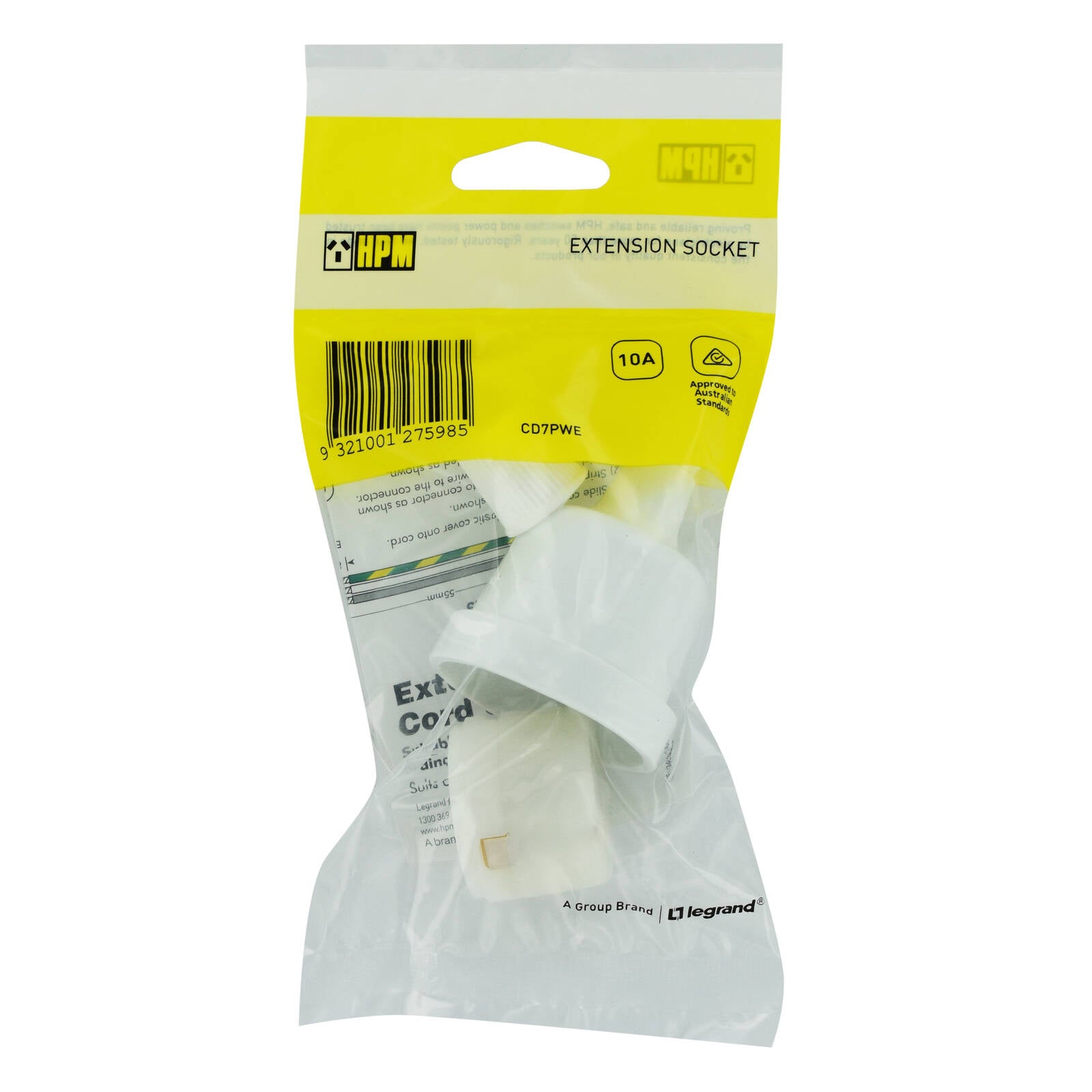 HPM 10A Rear Entry Extension Socket, White 8mm Cable