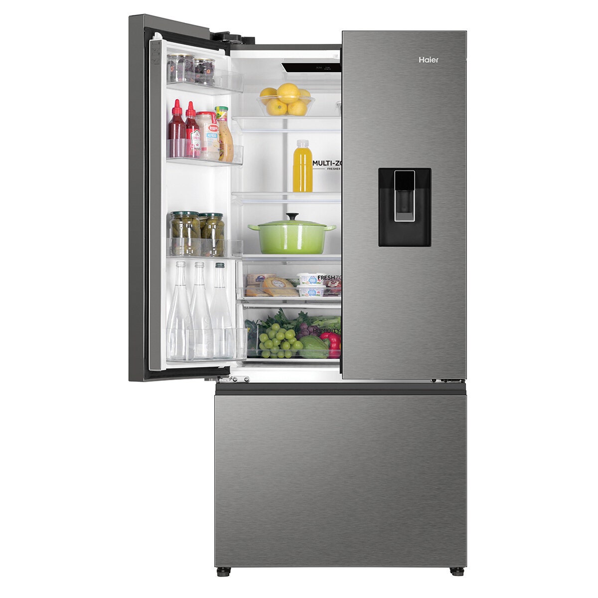 Haier 509L French Door Fridge - Satina Silver - Non-Plumbed Water Dispenser - 5 Star Energy - HRF510FHS