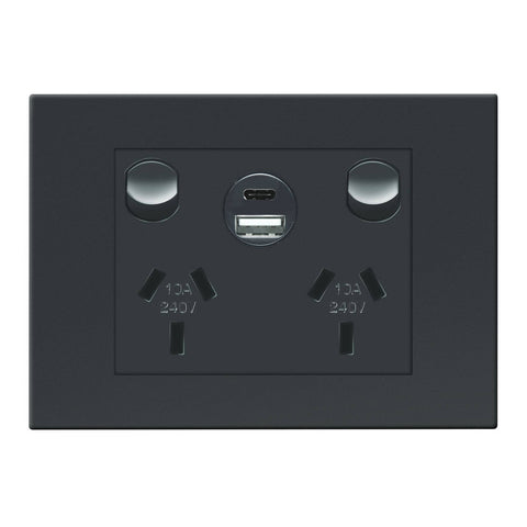 HPM VIVO Black Double Powerpoint with Type A+C 15W USB Charger, 10A 240V