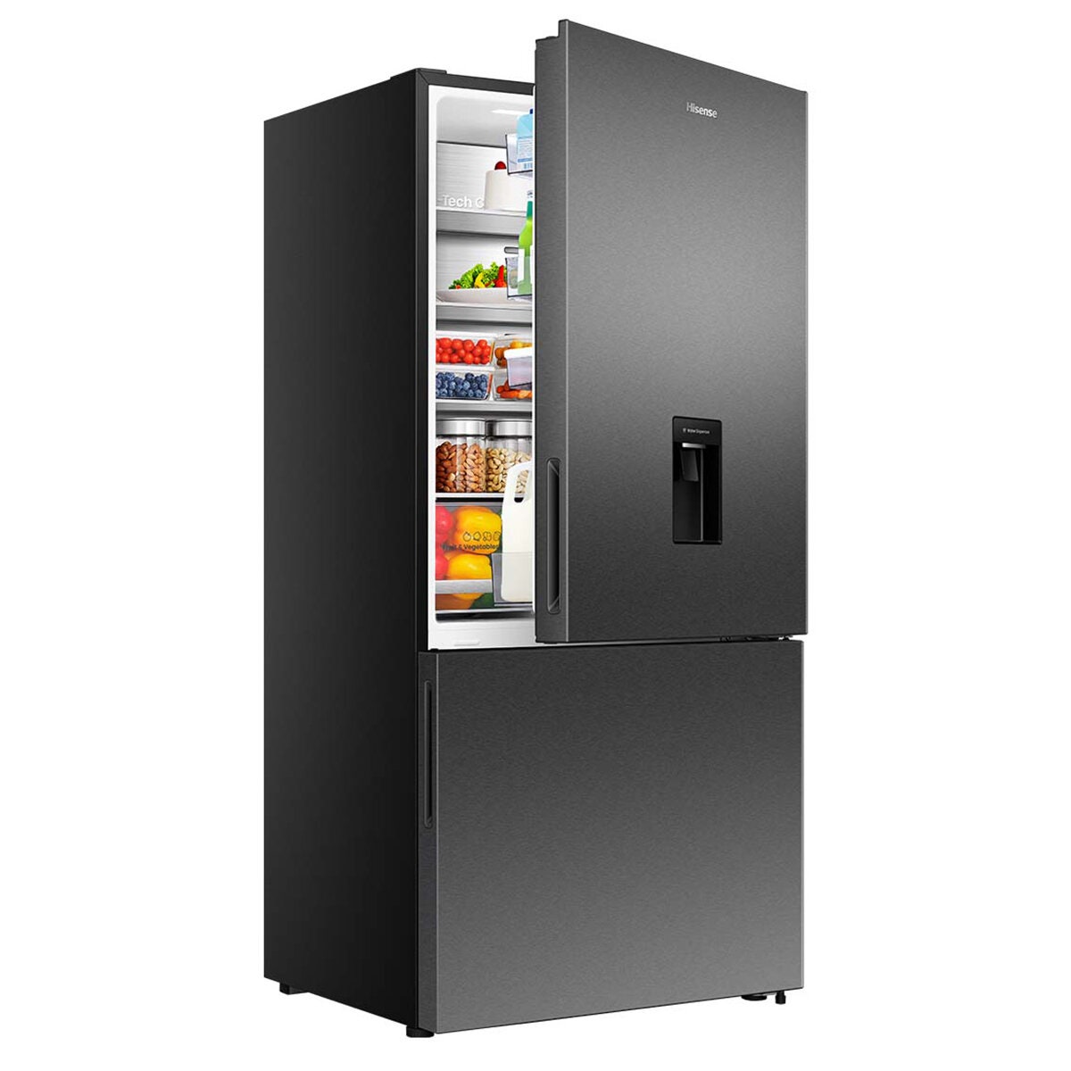Hisense 500L PureFlat Bottom Mount Fridge - Non-Plumbed Water Dispenser, Dark Stainless Steel - HRBM500TBW