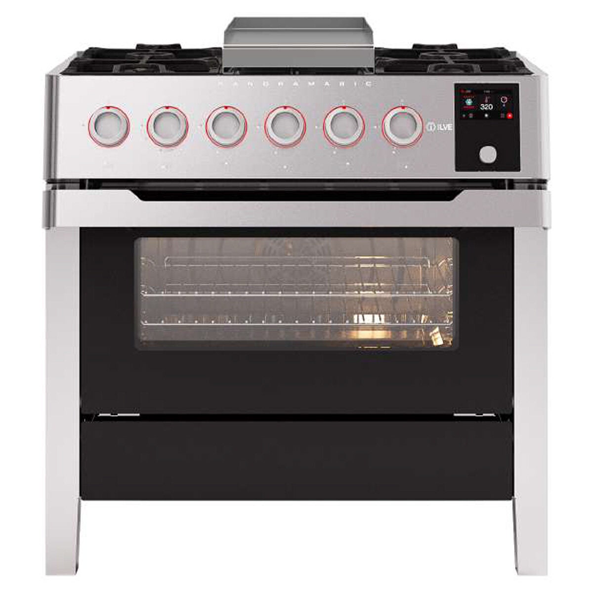 ILVE 90cm Panoramagic Freestanding Dual Fuel Oven and Stove - Six Burners, 97L, Stainless Steel - PM09FDS3SS
