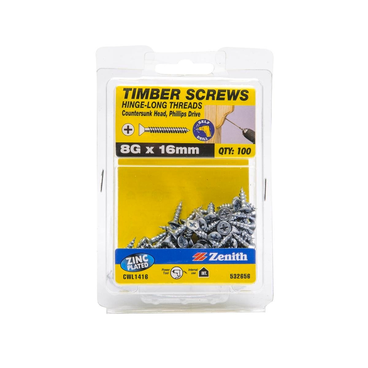 Zenith 8G x 16mm Zinc Plated Countersunk Hinge Timber Screws 100 Pack