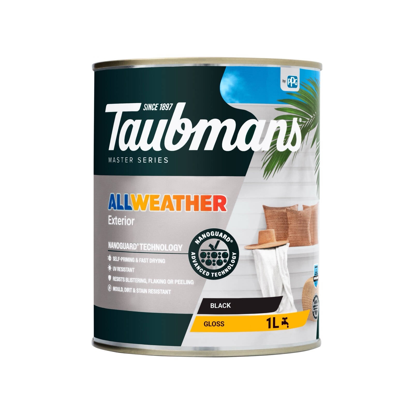 Taubmans 1L Black Gloss All Weather Exterior Paint Water Based UV Resistant
