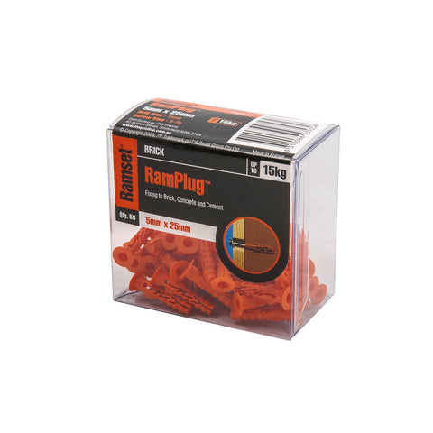 Ramset 5 x 25mm RamPlug Nylon Wall Anchor, Orange - 50 Pack