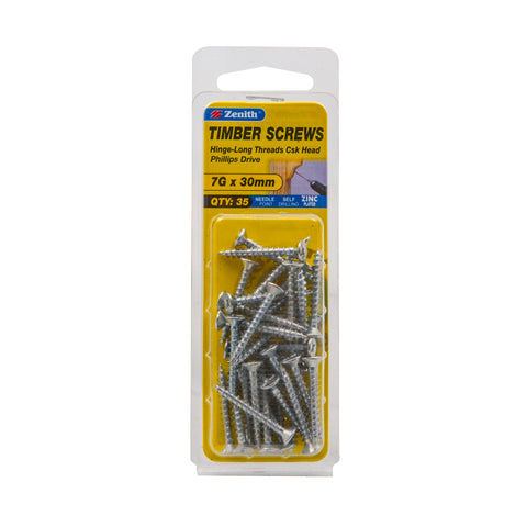 Zenith 7G x 30mm Zinc Plated Countersunk Hinge Long Thread Timber Screws - 35 Pack
