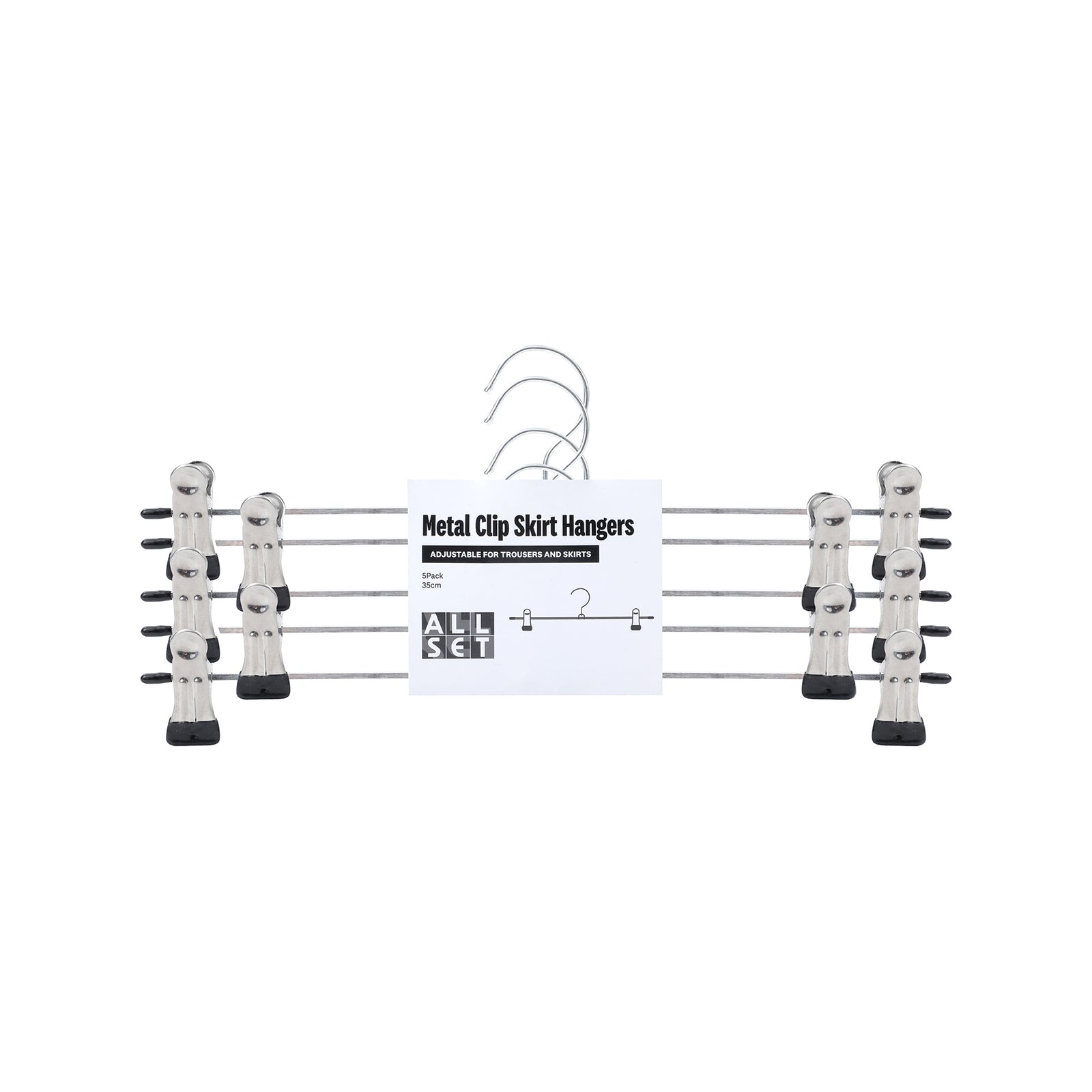 All Set Adjustable Metal Clothes Hangers 5 Pack - 35cm Silver Iron with Clips