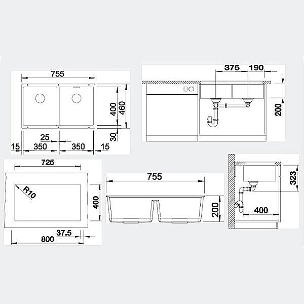 Blanco SUBLINE double bowl undermount sink - White Silgranit, Hygiene Plus, designer wastes - SUB350350UWK5