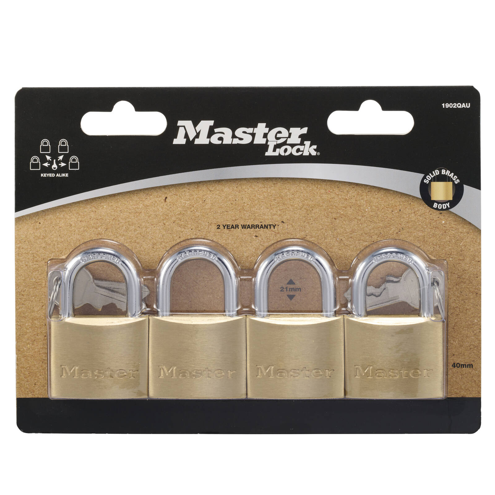 Master Lock 40mm Solid Brass Keyed Padlock - 4 Pack