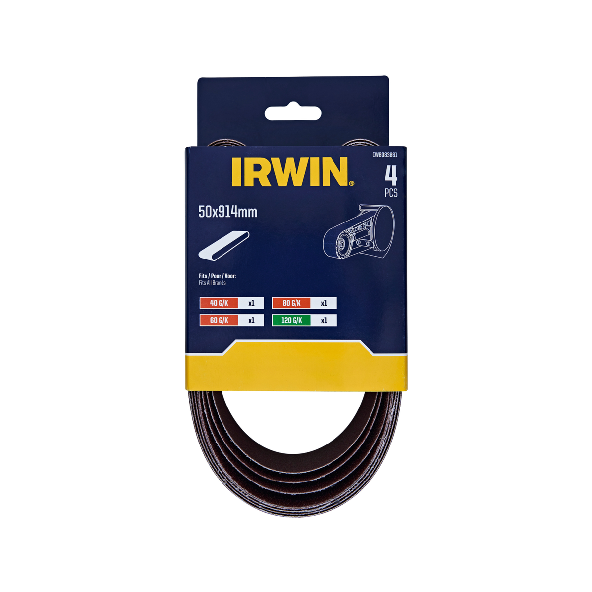 Irwin 50 x 914mm Sanding Belts 40, 60, 80 & 120 Grit - 4 Pack