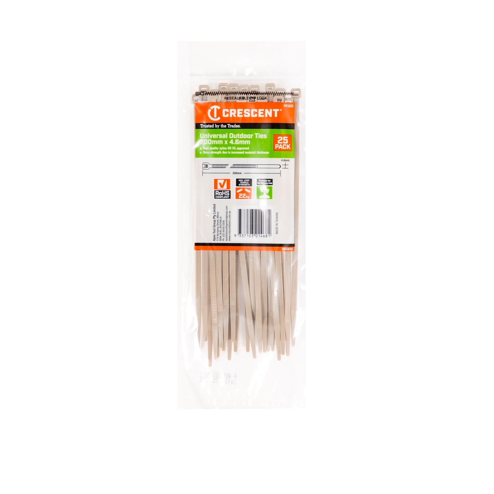 Crescent 200 x 4.6mm Beige Nylon Outdoor Cable Ties 25 Pack Releasable