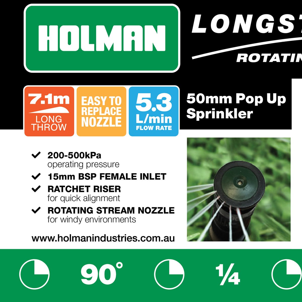 Holman 50mm 1/4 Longstream Rotating Pop-Up Sprinkler 15mm BSP 800kPa