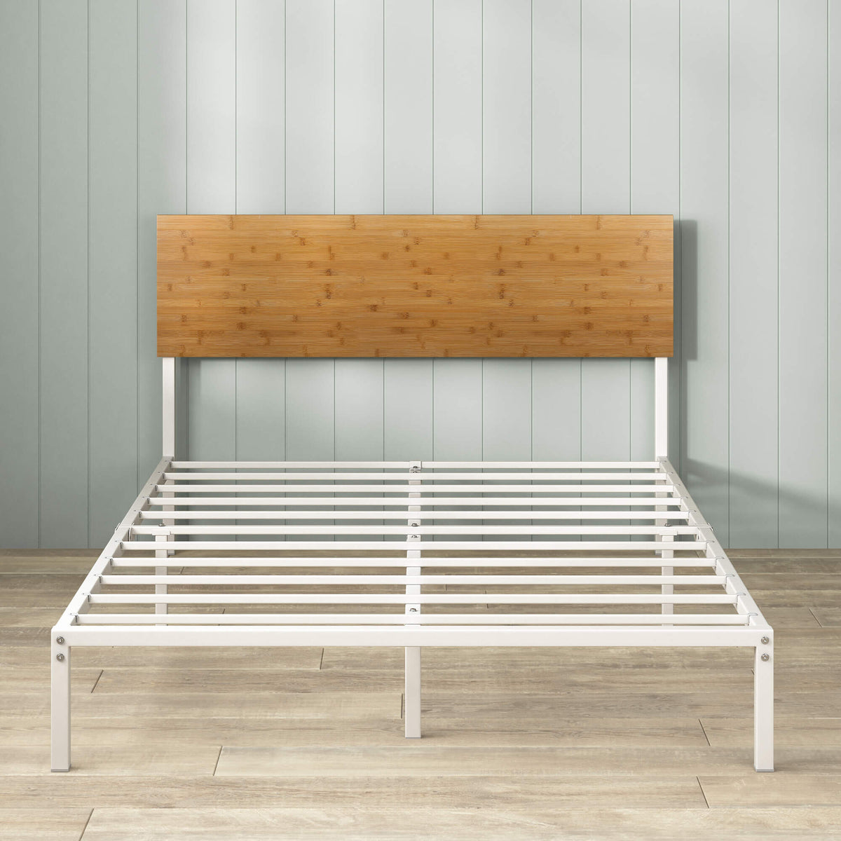 Zinus Figari queen metal and bamboo bed frame - white, adjustable headboard, 250kg capacity - AU-FBOBH2-39Q
