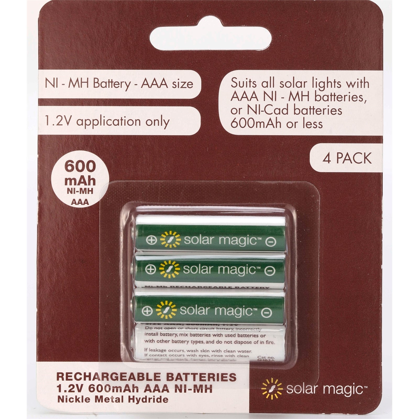 Solar Magic AAA 600mAh Ni-MH Rechargeable Batteries, 4 Pack SMB3A