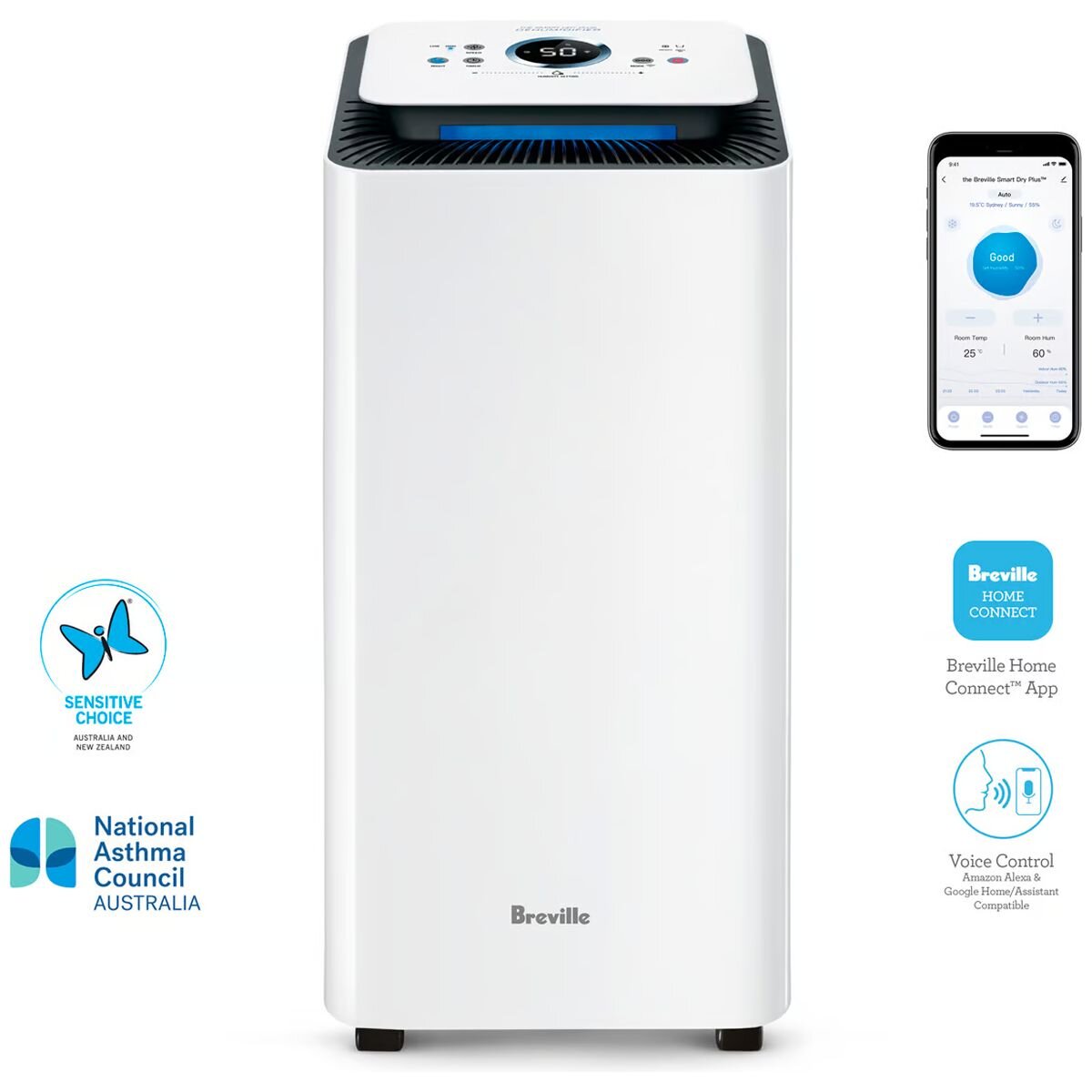 Breville Smart Dry Plus Connect Dehumidifier - 10L a Day, Wi-Fi Control, Sensair System - LAD308WHT2IAN1