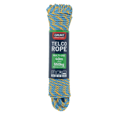 Grunt 6mm x 40m Telco Rope, Blue with Yellow, Twisted Polypropylene, 550kg Break Strength