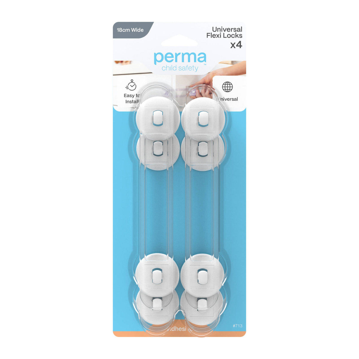 Perma Child Safety 18cm Adhesive Universal Flexi Locks - 4 Pack, White/Clear