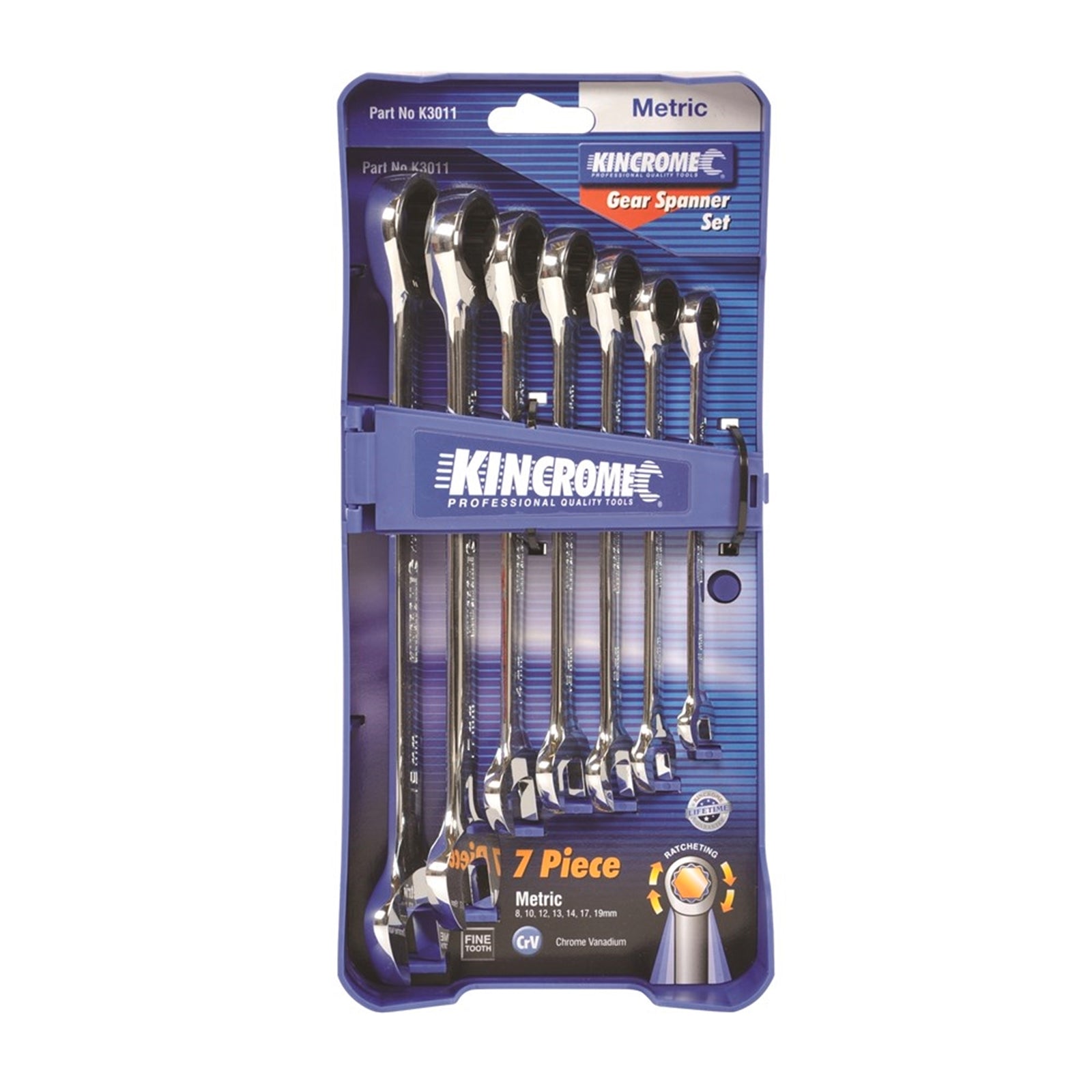 Kincrome 7 Piece Metric Geared Spanner Set, Chrome Vanadium Steel, 12 Point Ratcheting, with Case