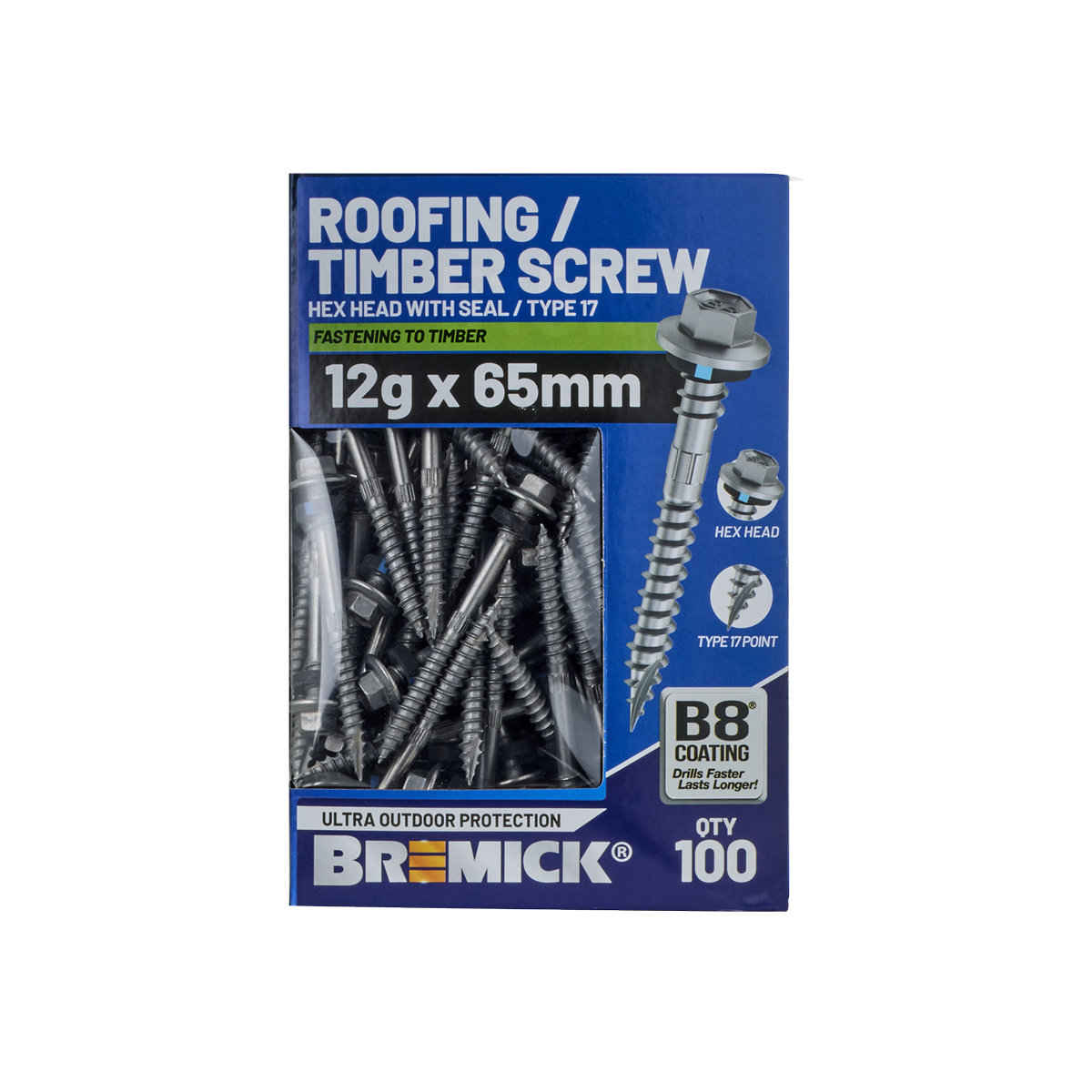 Bremick Hex Roofing Screw 12g x 65mm - B8 - Pack of 100 - Corrosion Resistant - SuperSaverAU - view 2