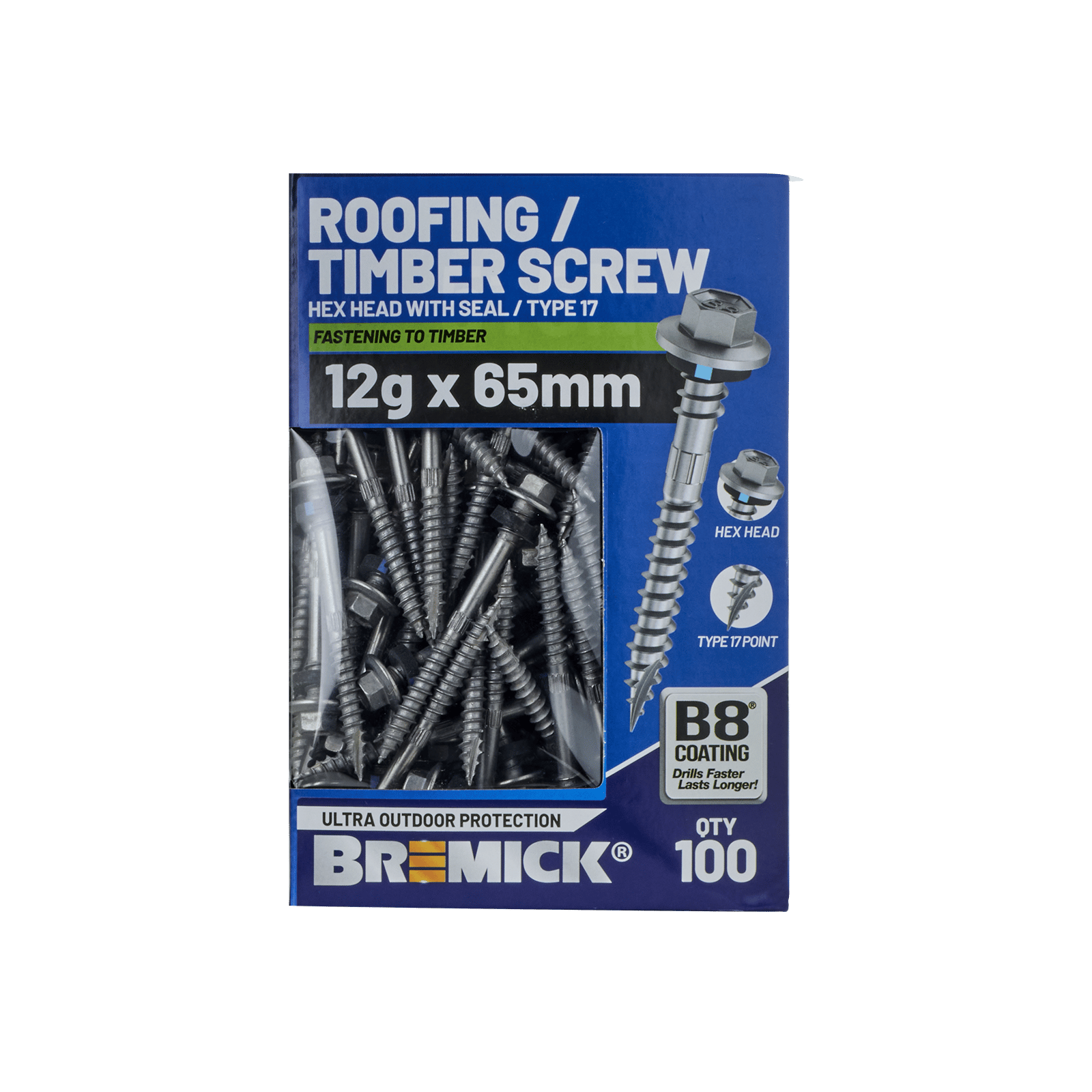 Bremick 12g x 65mm Hex Roofing Screws B8 Type 17 - 100 Pack