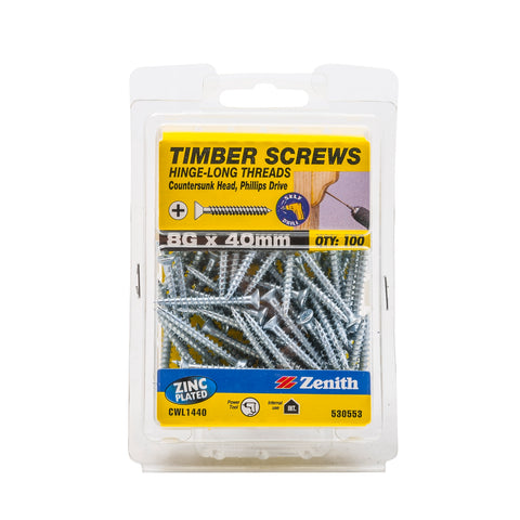 Zenith 8G x 40mm Zinc Plated Countersunk Hinge Timber Screws 100 Pack