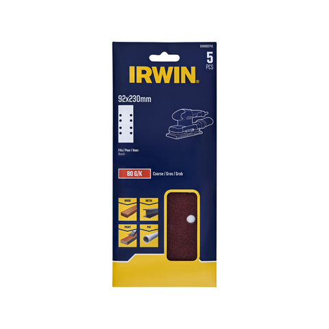 IRWIN 92 x 230mm 80 Grit 8 Holes 1/3 Punched Sanding Sheets - 5 Pack