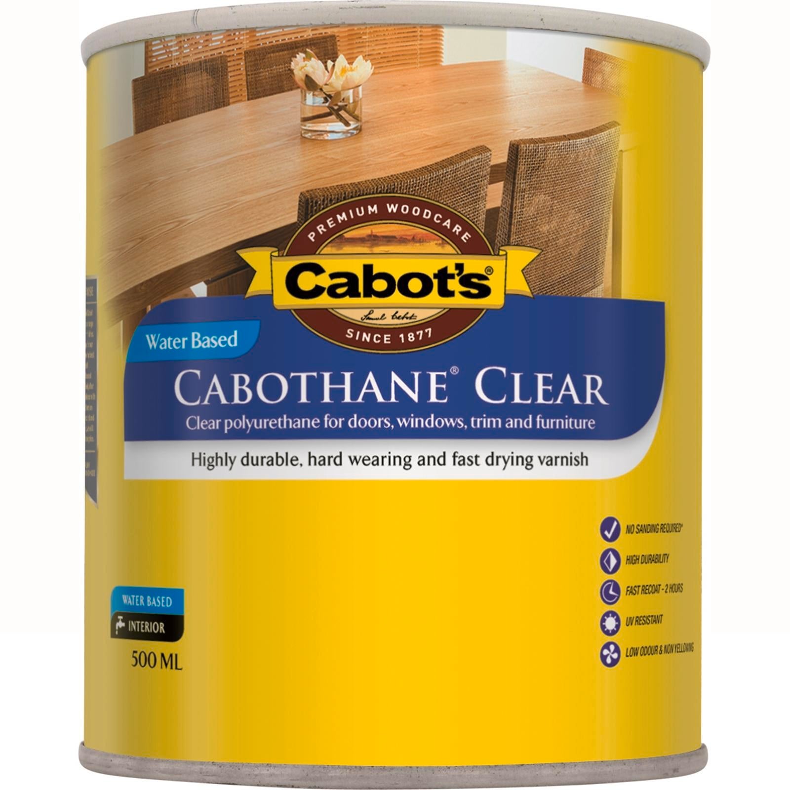 Cabot's Cabothane Clear Water Based Gloss Polyurethane 500ml UV Resistant Splatter Resistant