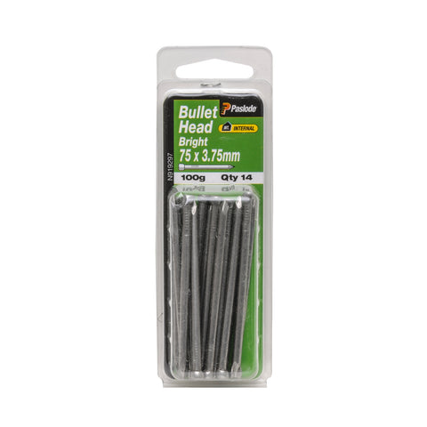 Paslode 75 x 3.75mm 100g Bright Steel Bullet Head Nails - 14 Pack