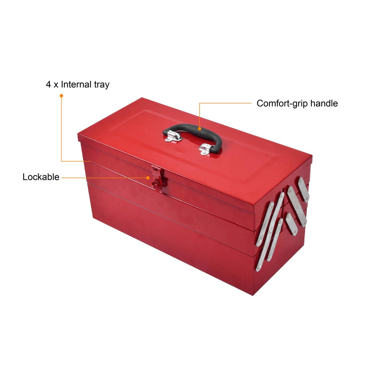 Craftright 460mm 5 Tray Powdercoated Metal Tool Box, Red, Lockable