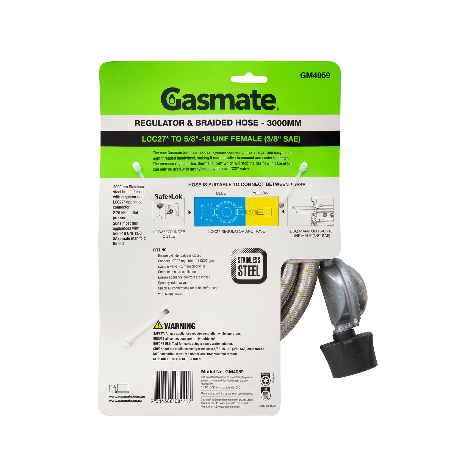 Gasmate Regulator & Braided Hose 3000mm LCC27 to 5/8" UNF (3/8" SAE)