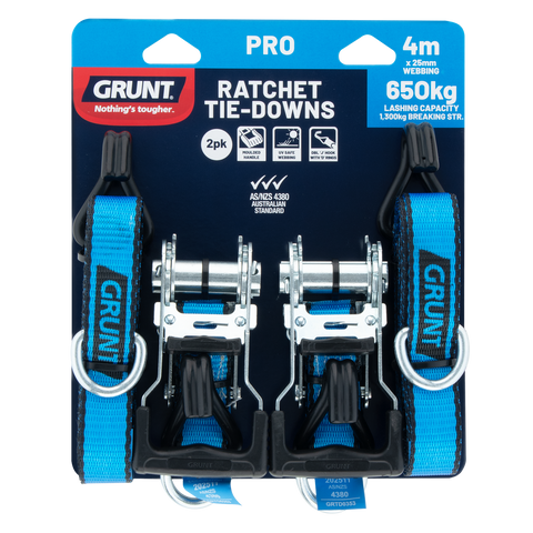 Grunt 25mm x 4m Ratchet Tie Down Straps, Polyester Webbing, 2 Pack