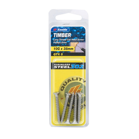 Zenith 10G x 38mm 302 Stainless Steel Countersunk Timber Screws - Long Thread, Phillips, 5 Pack