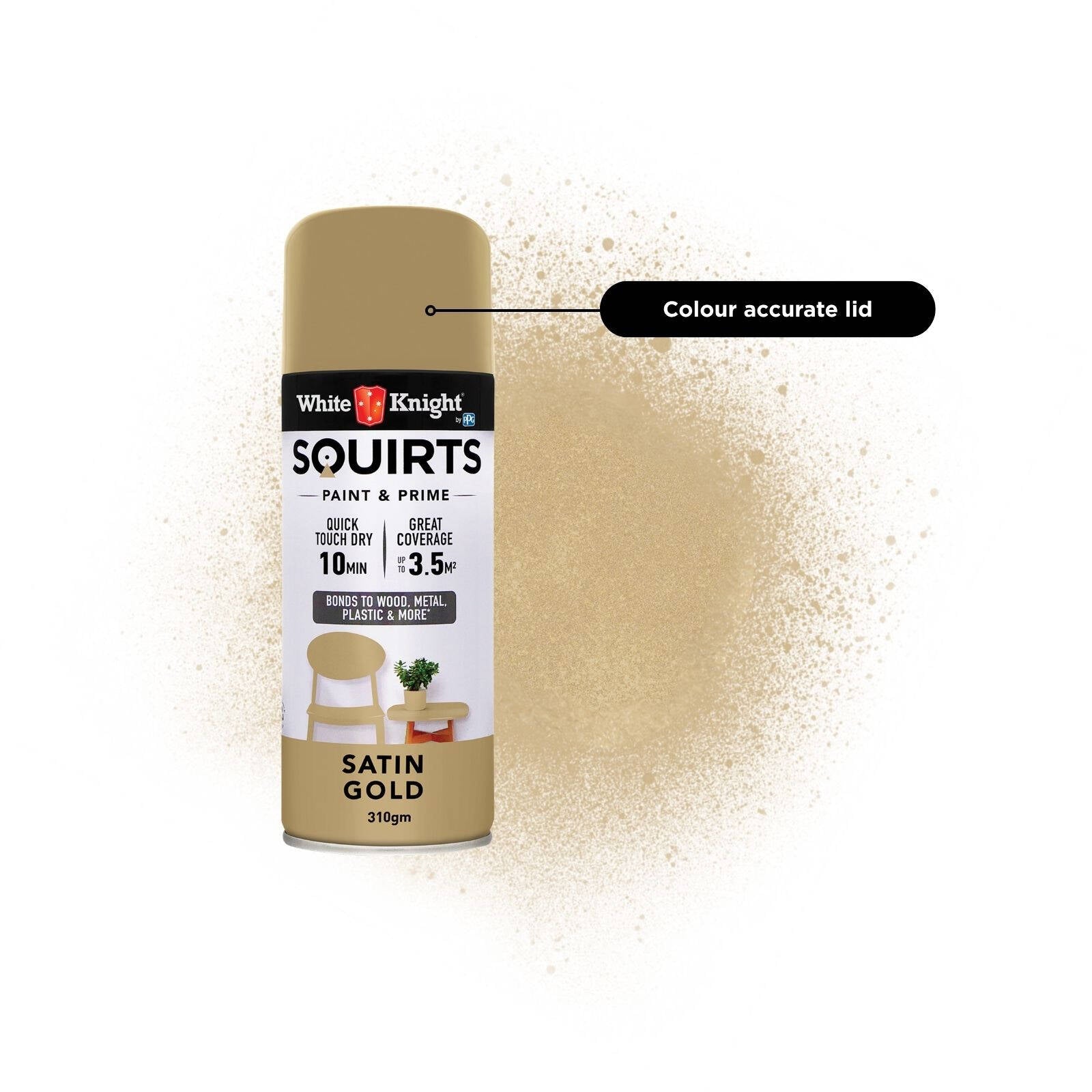 White Knight Squirts Gold Satin Spray Paint 310g - Solvent-Based Paint & Primer, UV Resistant