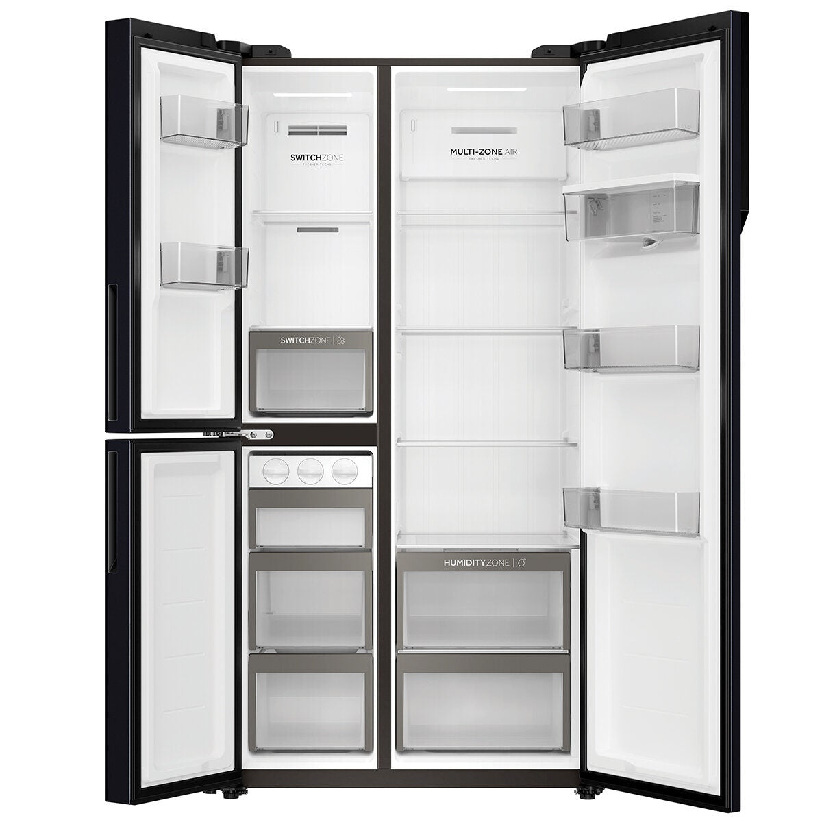 Haier 574L Three Door Side by Side Fridge - Black, Non-Plumbed Water Dispenser, 4 Star - HRF575XHC