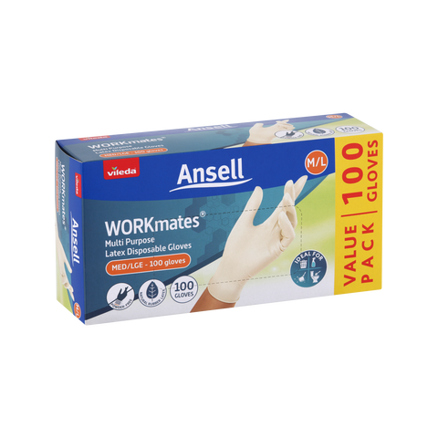 Vileda Ansell WORKmates Latex Disposable Gloves 100 Pack - Medium/Large
