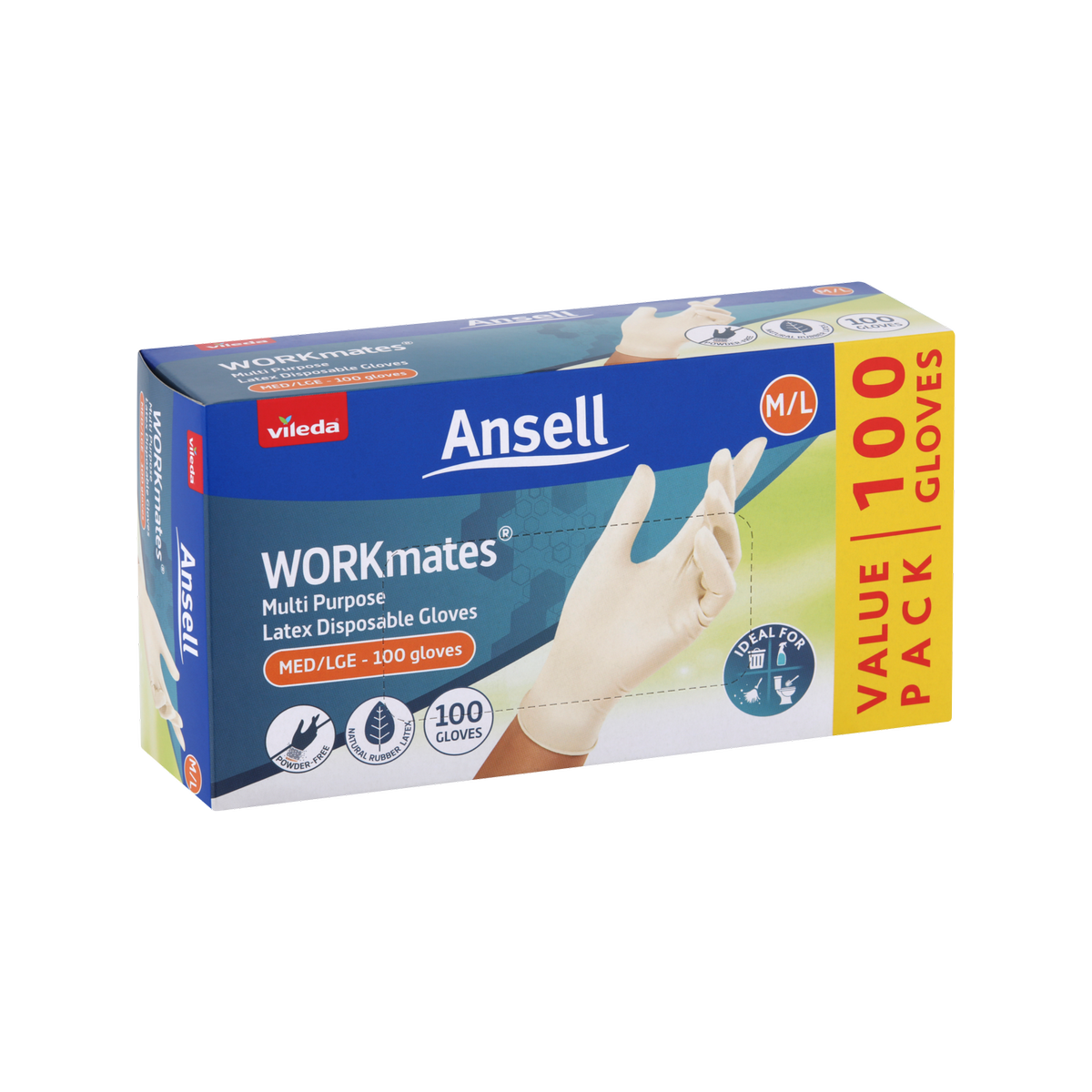 Vileda Ansell WORKmates Latex Disposable Gloves 100 Pack - Medium/Large