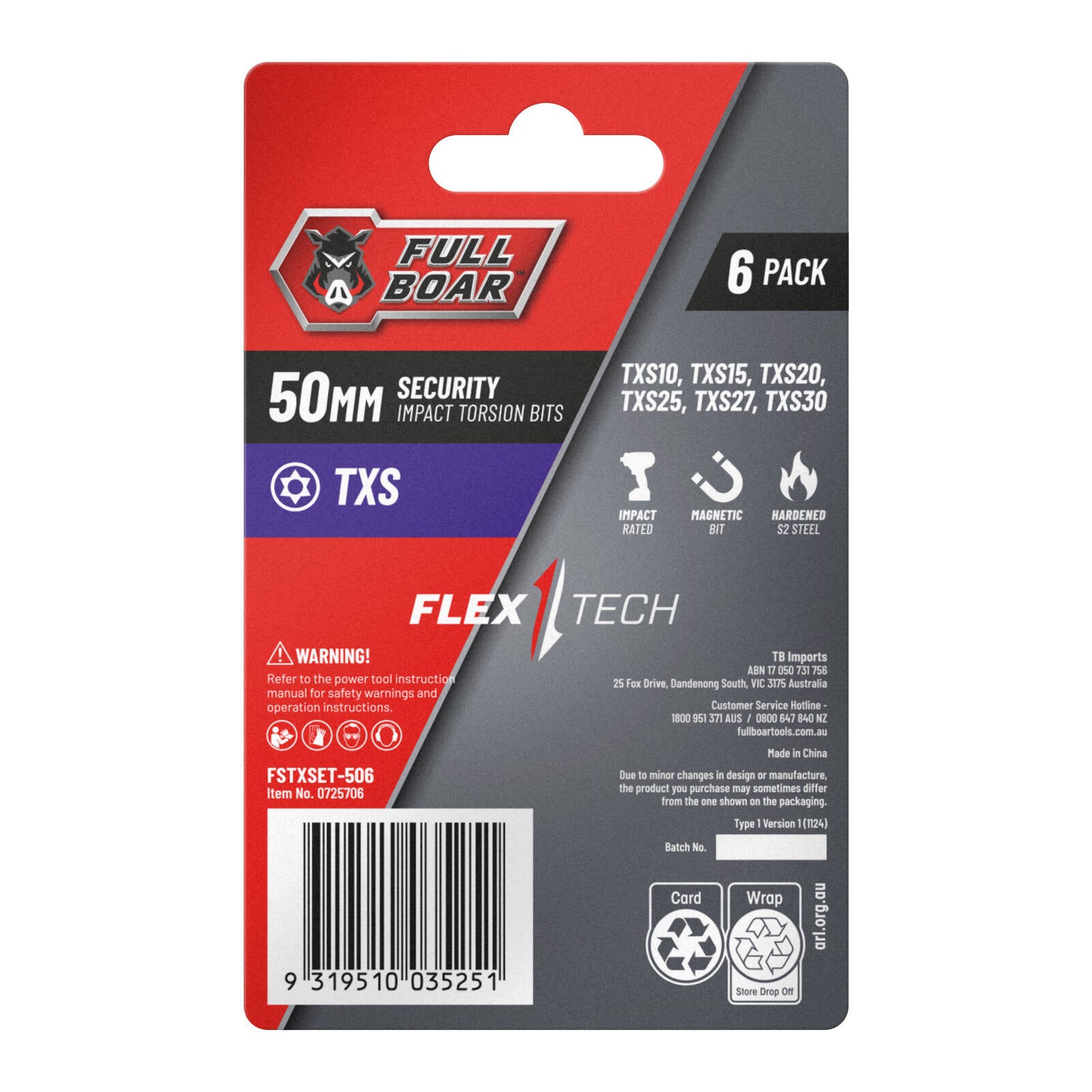Full Boar TXS x 50mm Impact Security Torsion Bits Set - 6 Pack, S2 Steel