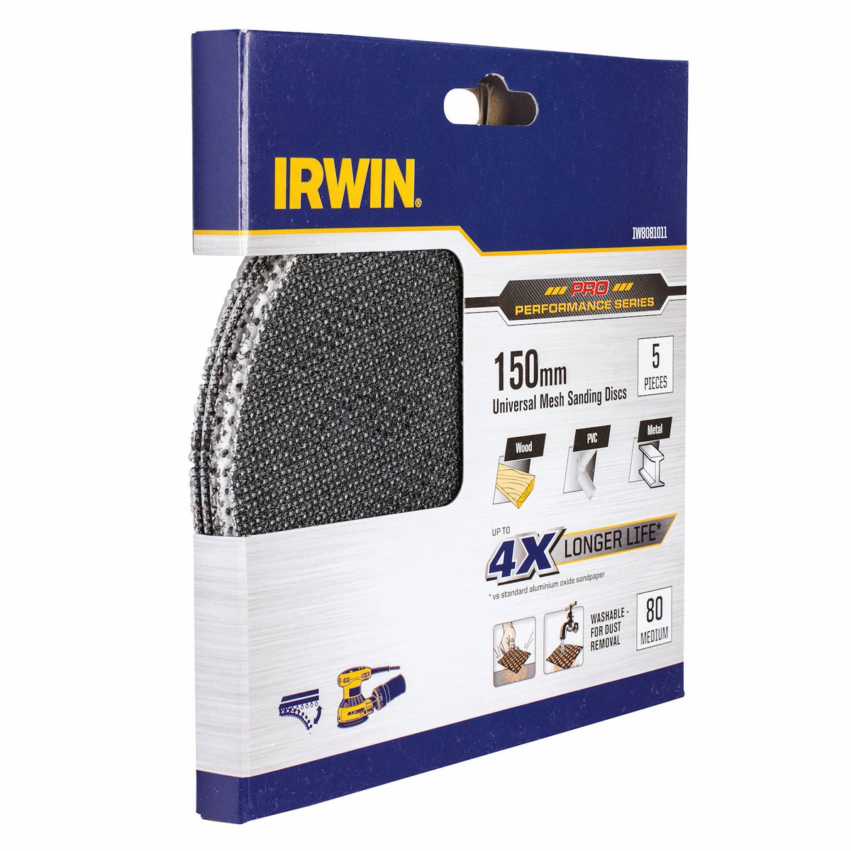 Irwin 150mm 80 Grit Orbital Sanding Disc Mesh Velcro 5 Pack