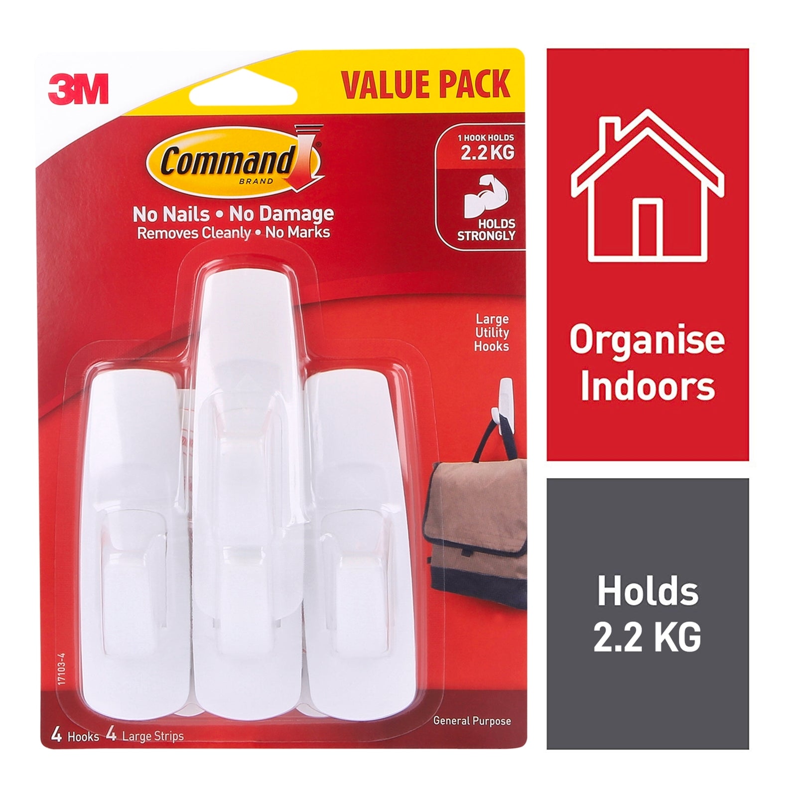 Command Large White Plastic Adhesive Hooks 4 Pack 2.2kg