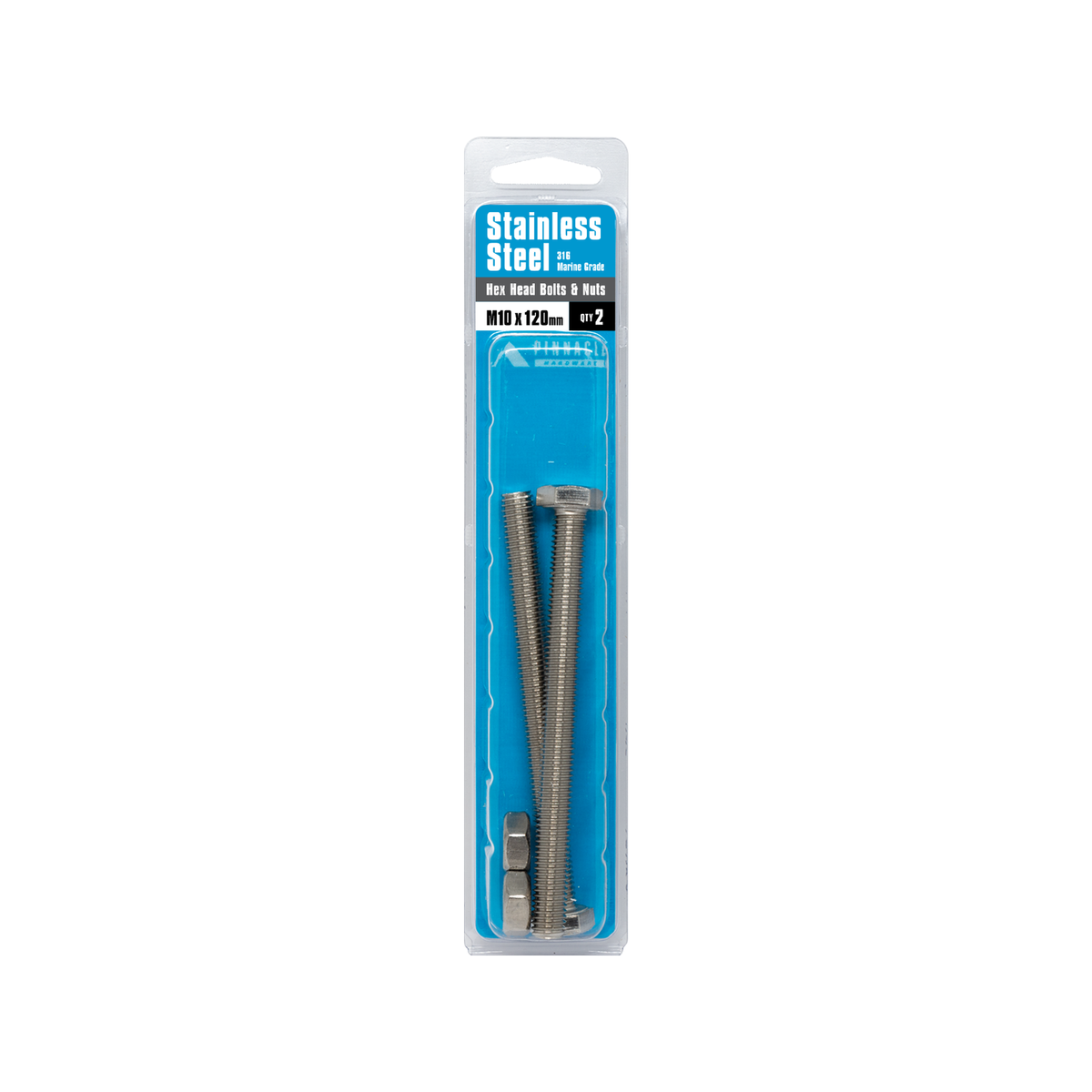 Pinnacle Hardware M10 x 120mm 316 Stainless Steel Hex Head Bolt And Nut 2 Pack