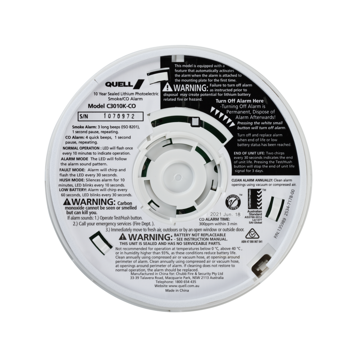 Quell Worry-Free Photoelectric Smoke and Carbon Monoxide Alarm, 85dB White Lithium